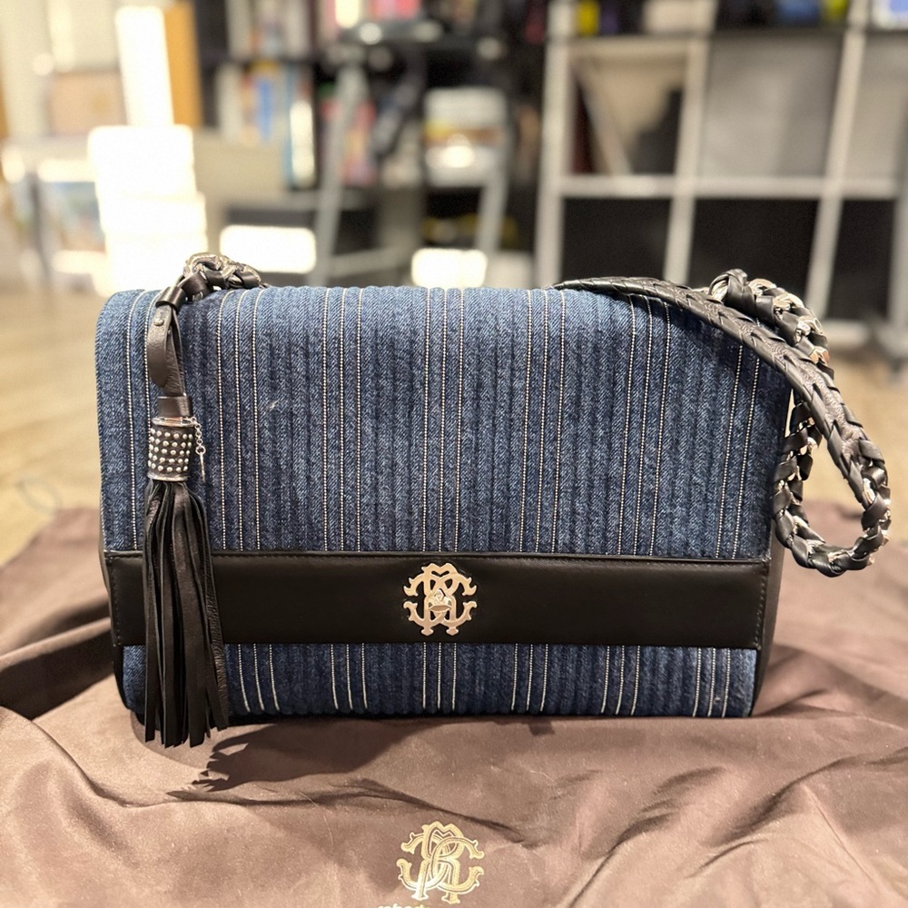 Brand new never use, Roberto Cavalli Denim Blue and Black Shoulder Bag.